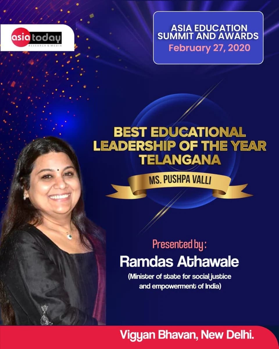 Asia Education Summit announcement recognising Pushpa Valli’s educational leadership in 2020.