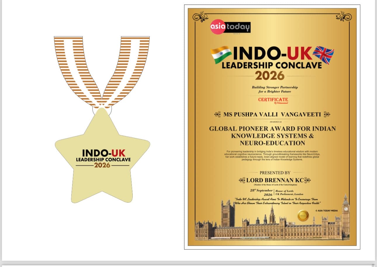 Medal and certificate naming Pushpa Valli Vangaveeti as recipient of the Global Pioneer Award for Indian Knowledge Systems and Neuro-Education, 2026.