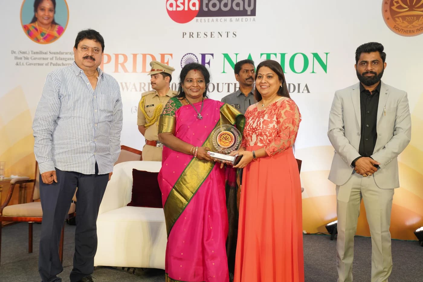 Pushpa Valli receiving the Pride of Nation Award in 2023.