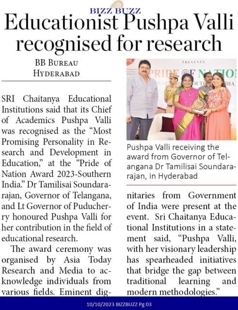 Bizz Buzz clipping reporting Pushpa Valli's recognition for educational research.