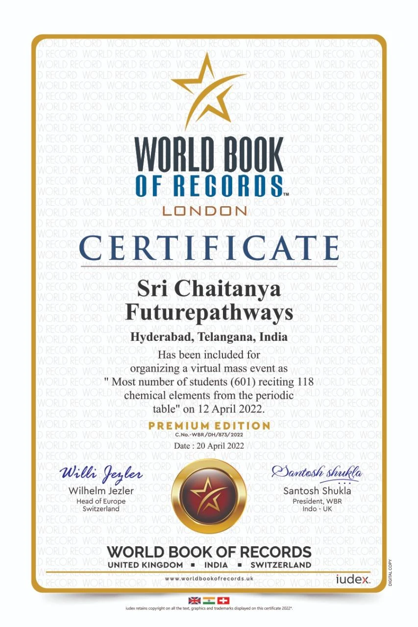 World Book of Records certificate for 601 students reciting 118 chemical elements on 12 April 2022.