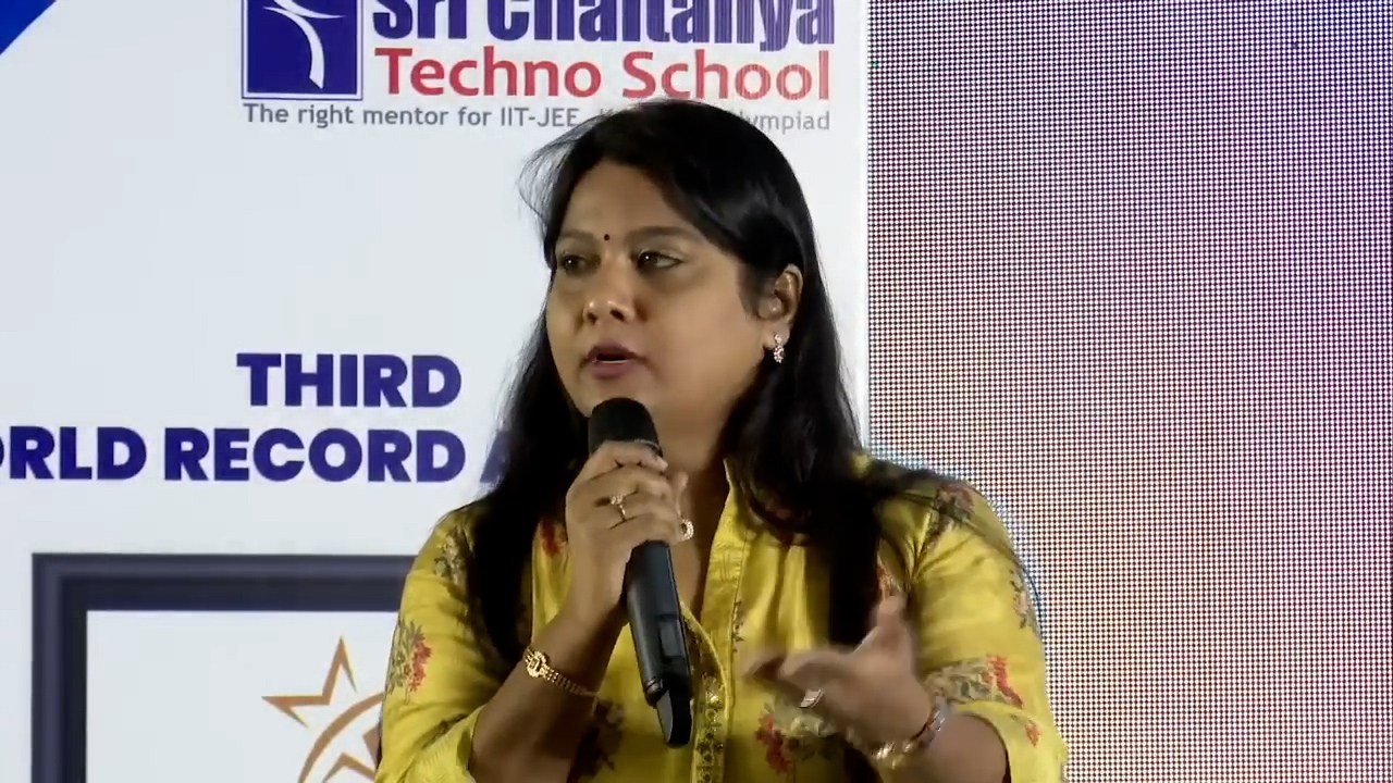 Pushpa Valli speaking at the multiplication tables World Record event.